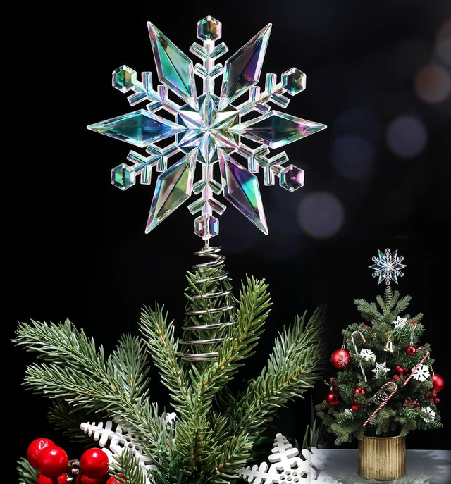 Main image of 6 Inch Mini Christmas Iridescent Snowflake Tree Topper Acrylic Snowflake Toppers Xmas Ornament Trees Decor Iridescent Tree Topper for Winter Holidays Decor