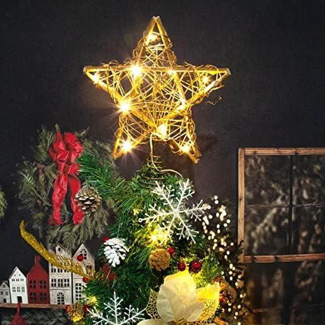Alt view image 4 of 7 - Christmas Tree Topper Farmhouse Christmas Decor Christmas Tree Decorations Rattan Natural Christmas Tree Star with 10 Warm LED Lights for Rustic Christmas Ornaments Holiday Seasonal Decoration 10 Inch