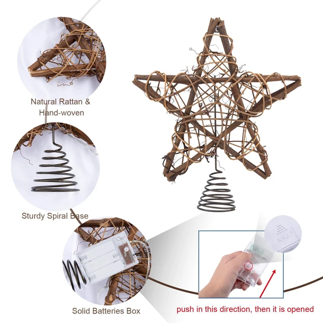 Alt view image 7 of 7 - Christmas Tree Topper Farmhouse Christmas Decor Christmas Tree Decorations Rattan Natural Christmas Tree Star with 10 Warm LED Lights for Rustic Christmas Ornaments Holiday Seasonal Decoration 10 Inch