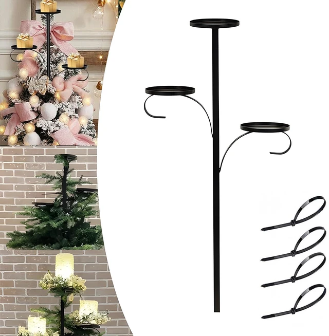 Main image of Candelabra Christmas Tree TopperBlack Metal Triple Tree Topper23.6 Inch Christmas Tree Topper Holder for CandleSanta Claus and Other Decorations