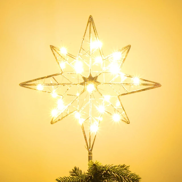Main image of Christmas Tree Topper, 12 Inches Lighted Gold Glittered 8-Point Star Tree Topper, 30 LED Sparkling Tree Toppers Christmas Decorations, Battery Powered Timer Xmas Treetop Star Decor