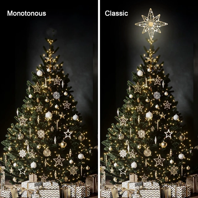 Alt view image 2 of 7 - Christmas Tree Topper, 12 Inches Lighted Gold Glittered 8-Point Star Tree Topper, 30 LED Sparkling Tree Toppers Christmas Decorations, Battery Powered Timer Xmas Treetop Star Decor