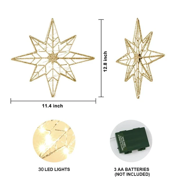 Alt view image 3 of 7 - Christmas Tree Topper, 12 Inches Lighted Gold Glittered 8-Point Star Tree Topper, 30 LED Sparkling Tree Toppers Christmas Decorations, Battery Powered Timer Xmas Treetop Star Decor
