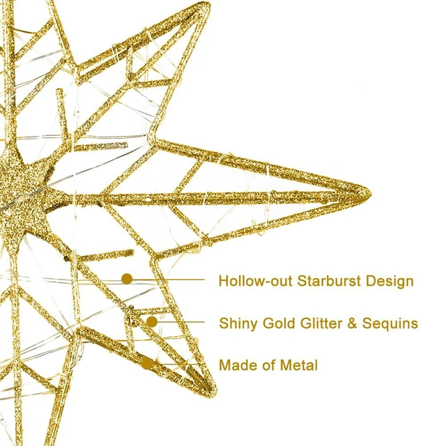 Alt view image 4 of 7 - Christmas Tree Topper, 12 Inches Lighted Gold Glittered 8-Point Star Tree Topper, 30 LED Sparkling Tree Toppers Christmas Decorations, Battery Powered Timer Xmas Treetop Star Decor