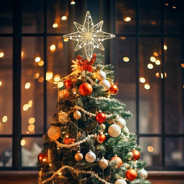 Alt view image 6 of 7 - Christmas Tree Topper, 12 Inches Lighted Gold Glittered 8-Point Star Tree Topper, 30 LED Sparkling Tree Toppers Christmas Decorations, Battery Powered Timer Xmas Treetop Star Decor