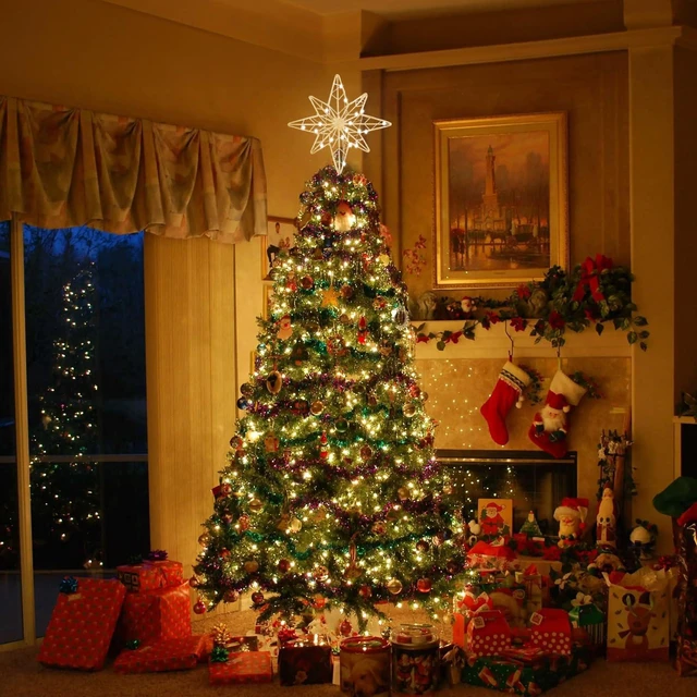 Alt view image 7 of 7 - Christmas Tree Topper, 12 Inches Lighted Gold Glittered 8-Point Star Tree Topper, 30 LED Sparkling Tree Toppers Christmas Decorations, Battery Powered Timer Xmas Treetop Star Decor