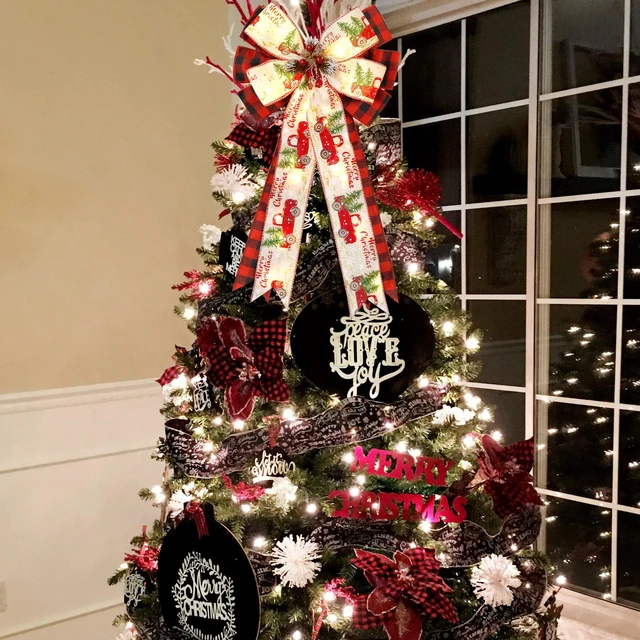 Alt view image 2 of 6 - Christmas Tree Topper Bow with 30 LED Lights Decorations, 13x25 Xmas Large Red Black Buffalo Plaid Rustic Farmhouse Wreath Bows with Truck Berries Pine Cones Pine Needles for Front Door Outdoor