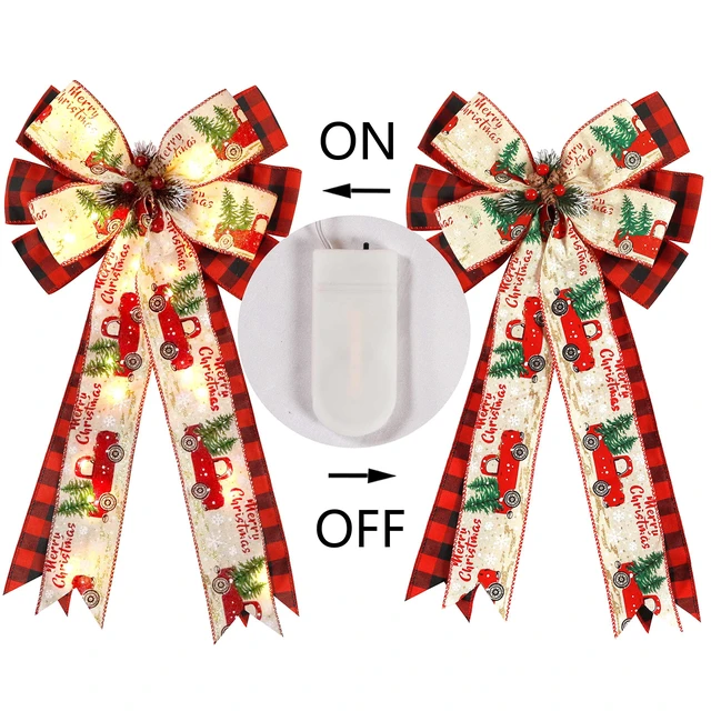 Alt view image 5 of 6 - Christmas Tree Topper Bow with 30 LED Lights Decorations, 13x25 Xmas Large Red Black Buffalo Plaid Rustic Farmhouse Wreath Bows with Truck Berries Pine Cones Pine Needles for Front Door Outdoor