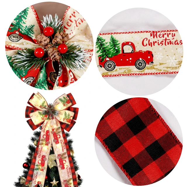 Alt view image 4 of 6 - Christmas Tree Topper Bow with 30 LED Lights Decorations, 13x25 Xmas Large Red Black Buffalo Plaid Rustic Farmhouse Wreath Bows with Truck Berries Pine Cones Pine Needles for Front Door Outdoor