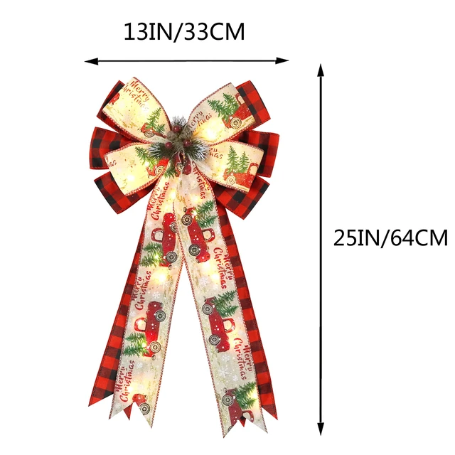 Alt view image 3 of 6 - Christmas Tree Topper Bow with 30 LED Lights Decorations, 13x25 Xmas Large Red Black Buffalo Plaid Rustic Farmhouse Wreath Bows with Truck Berries Pine Cones Pine Needles for Front Door Outdoor