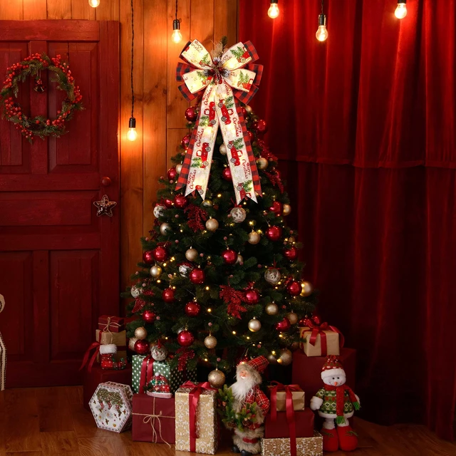 Alt view image 6 of 6 - Christmas Tree Topper Bow with 30 LED Lights Decorations, 13x25 Xmas Large Red Black Buffalo Plaid Rustic Farmhouse Wreath Bows with Truck Berries Pine Cones Pine Needles for Front Door Outdoor
