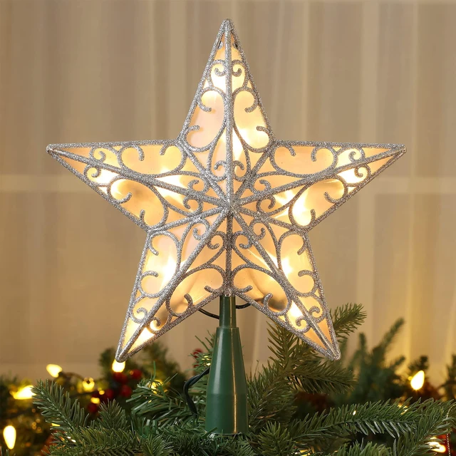 Main image of Silver Christmas Tree Topper, 9.5" 3D Xmas Star with 10 Lights | 120V UL Certified Dual-side Star Treetop; Glittered Tree Top Lighted Xmas Treetop Plug in for Holiday Christmas Tree Decor