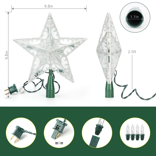 Alt view image 6 of 7 - Silver Christmas Tree Topper, 9.5" 3D Xmas Star with 10 Lights | 120V UL Certified Dual-side Star Treetop; Glittered Tree Top Lighted Xmas Treetop Plug in for Holiday Christmas Tree Decor