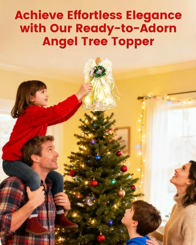 Alt view image 2 of 7 - Angel Tree Topper with Lights | 12 Inch Christmas Angel Tree Topper with Feather Wings | Battery Powered Christmas Tree Toppers Lighted for Vintage Decor | Xmas Tree Topper Ornament, White