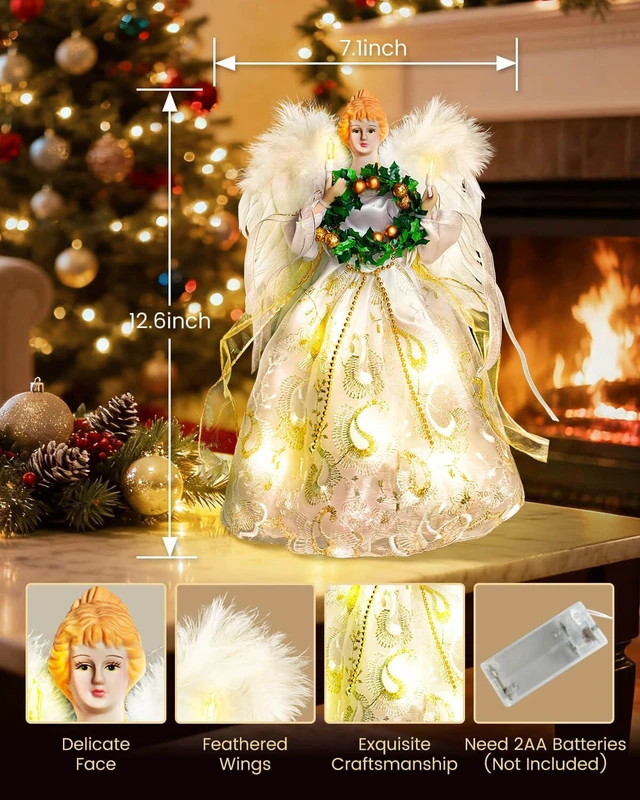 Alt view image 4 of 7 - Angel Tree Topper with Lights | 12 Inch Christmas Angel Tree Topper with Feather Wings | Battery Powered Christmas Tree Toppers Lighted for Vintage Decor | Xmas Tree Topper Ornament, White