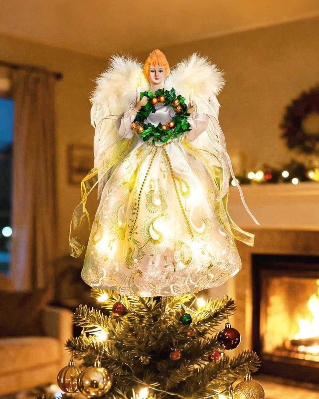Alt view image 3 of 7 - Angel Tree Topper with Lights | 12 Inch Christmas Angel Tree Topper with Feather Wings | Battery Powered Christmas Tree Toppers Lighted for Vintage Decor | Xmas Tree Topper Ornament, White