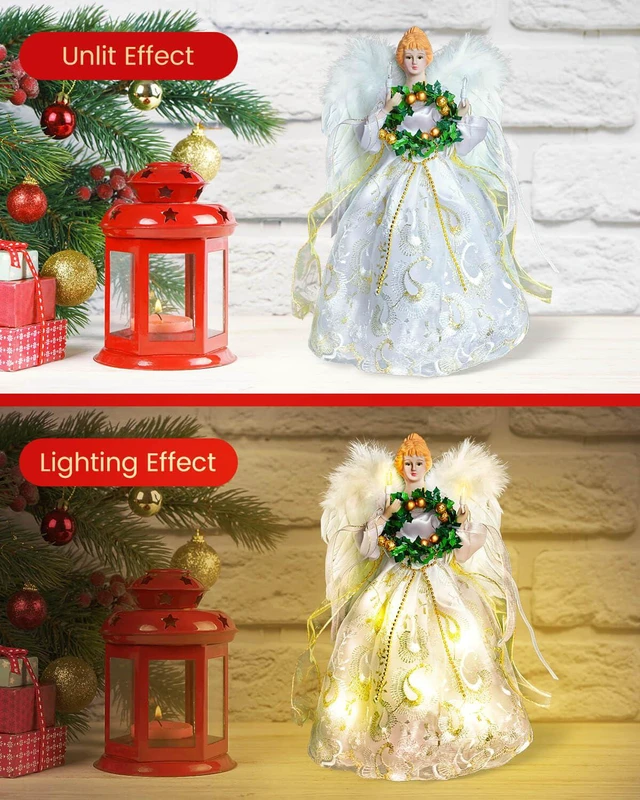 Alt view image 5 of 7 - Angel Tree Topper with Lights | 12 Inch Christmas Angel Tree Topper with Feather Wings | Battery Powered Christmas Tree Toppers Lighted for Vintage Decor | Xmas Tree Topper Ornament, White