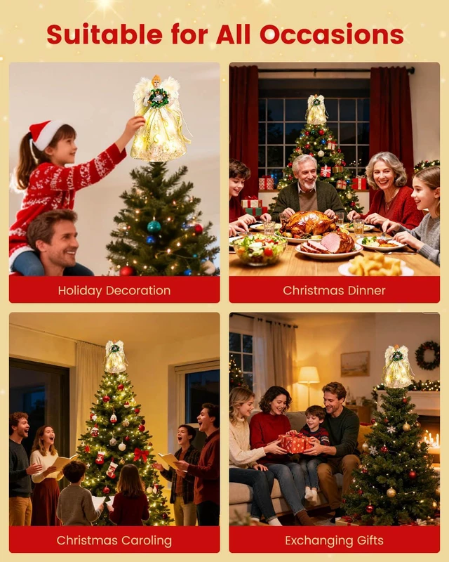 Alt view image 6 of 7 - Angel Tree Topper with Lights | 12 Inch Christmas Angel Tree Topper with Feather Wings | Battery Powered Christmas Tree Toppers Lighted for Vintage Decor | Xmas Tree Topper Ornament, White