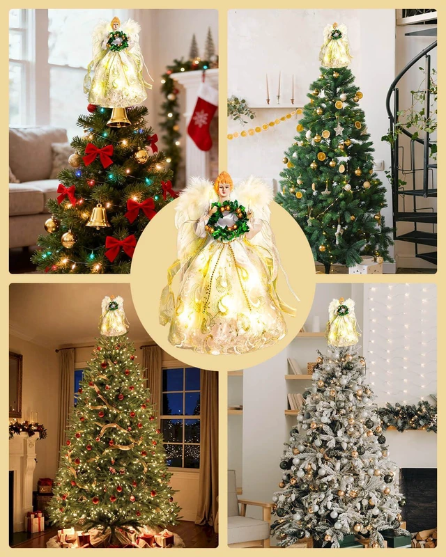 Alt view image 7 of 7 - Angel Tree Topper with Lights | 12 Inch Christmas Angel Tree Topper with Feather Wings | Battery Powered Christmas Tree Toppers Lighted for Vintage Decor | Xmas Tree Topper Ornament, White