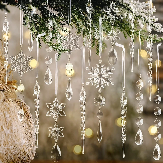Main image of Crystal Christmas Tree Ornaments, Clear Acrylic Snowflake & Icicle, 18pcs | Faceted acrylic catches and reflects tree lights with icy sparkle, creating a crystal-like glow on snowflake & icicle shapes