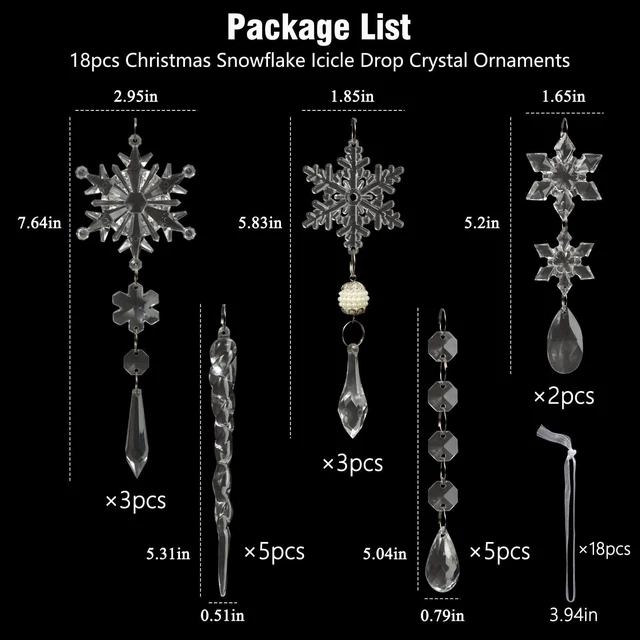 Alt view image 3 of 7 - Crystal Christmas Tree Ornaments, Clear Acrylic Snowflake & Icicle, 18pcs | Faceted acrylic catches and reflects tree lights with icy sparkle, creating a crystal-like glow on snowflake & icicle shapes