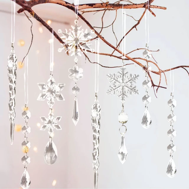 Alt view image 4 of 7 - Crystal Christmas Tree Ornaments, Clear Acrylic Snowflake & Icicle, 18pcs | Faceted acrylic catches and reflects tree lights with icy sparkle, creating a crystal-like glow on snowflake & icicle shapes