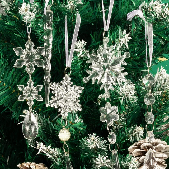 Alt view image 5 of 7 - Crystal Christmas Tree Ornaments, Clear Acrylic Snowflake & Icicle, 18pcs | Faceted acrylic catches and reflects tree lights with icy sparkle, creating a crystal-like glow on snowflake & icicle shapes