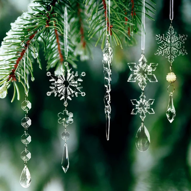 Alt view image 7 of 7 - Crystal Christmas Tree Ornaments, Clear Acrylic Snowflake & Icicle, 18pcs | Faceted acrylic catches and reflects tree lights with icy sparkle, creating a crystal-like glow on snowflake & icicle shapes