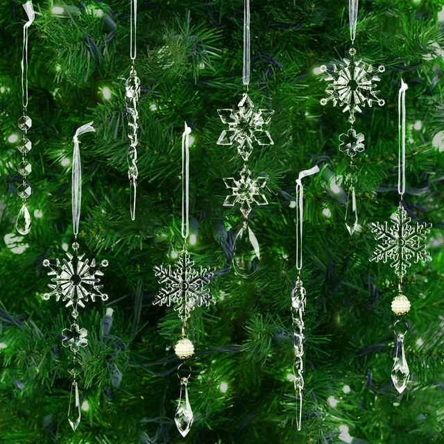 Alt view image 6 of 7 - Crystal Christmas Tree Ornaments, Clear Acrylic Snowflake & Icicle, 18pcs | Faceted acrylic catches and reflects tree lights with icy sparkle, creating a crystal-like glow on snowflake & icicle shapes