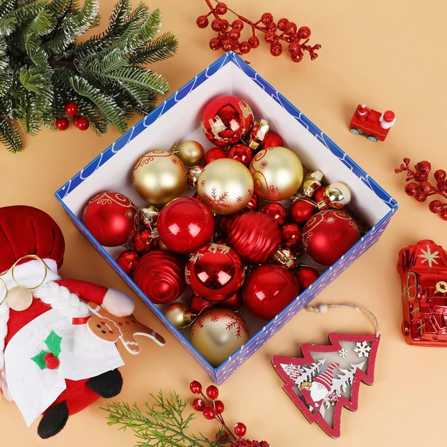 Alt view image 4 of 7 - Christmas Balls Ornaments Set, 44 Pcs Xmas Shatterproof Plastic Baubles Hanging Balls for Christmas Tree Holiday Party Wedding Decoration (Red & Gold)