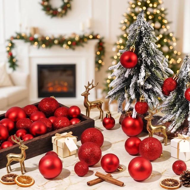 Alt view image 4 of 7 - 44 Pack Red Christmas Ball Ornaments Shiny & Glitter Christmas Tree Decor | 1.18''/1.57''/1.96'' Pre-Strung Christmas Ball, Shatterproof Plastic Xmas Baubles for Holiday Wreath, Home Party Decor