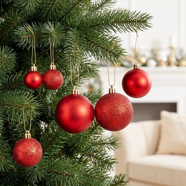 Alt view image 5 of 7 - 44 Pack Red Christmas Ball Ornaments Shiny & Glitter Christmas Tree Decor | 1.18''/1.57''/1.96'' Pre-Strung Christmas Ball, Shatterproof Plastic Xmas Baubles for Holiday Wreath, Home Party Decor