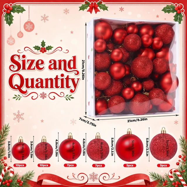 Alt view image 3 of 7 - 44 Pack Red Christmas Ball Ornaments Shiny & Glitter Christmas Tree Decor | 1.18''/1.57''/1.96'' Pre-Strung Christmas Ball, Shatterproof Plastic Xmas Baubles for Holiday Wreath, Home Party Decor