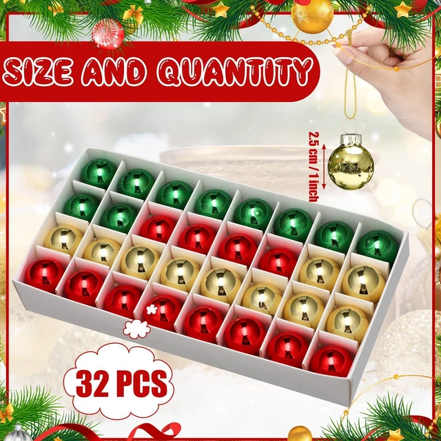 Alt view image 2 of 7 - 32 Pcs 1'' Mini Glass Christmas Ornament, Small Red Green Gold Balls | Shiny Christmas Ball, Tiny Christmas Tree Hanging Decoration, Small Colorful Pendant, Rope Included, Xmas Party Supplies