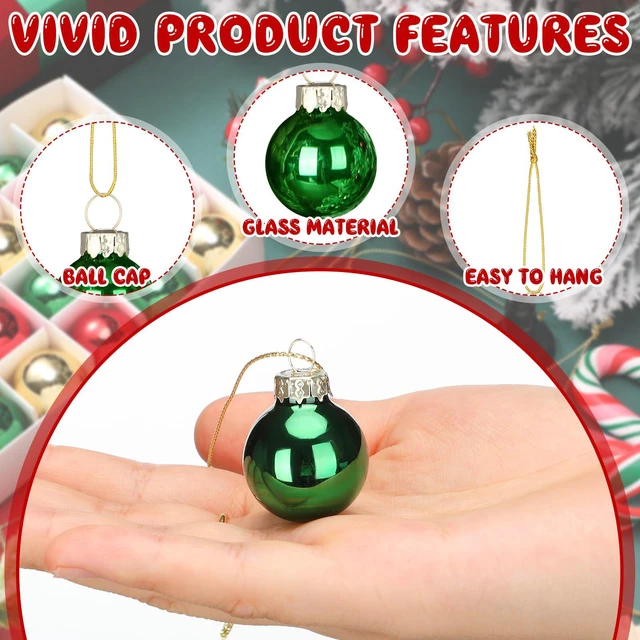 Alt view image 5 of 7 - 32 Pcs 1'' Mini Glass Christmas Ornament, Small Red Green Gold Balls | Shiny Christmas Ball, Tiny Christmas Tree Hanging Decoration, Small Colorful Pendant, Rope Included, Xmas Party Supplies