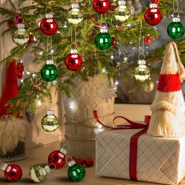 Alt view image 6 of 7 - 32 Pcs 1'' Mini Glass Christmas Ornament, Small Red Green Gold Balls | Shiny Christmas Ball, Tiny Christmas Tree Hanging Decoration, Small Colorful Pendant, Rope Included, Xmas Party Supplies