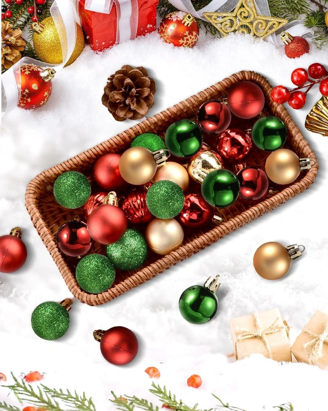 Alt view image 3 of 7 - 49 Pieces Mini Christmas Ornaments for Mini Tree - 3cm/1.18" Shatterproof Small Hanging Balls in Red, Green, Gold