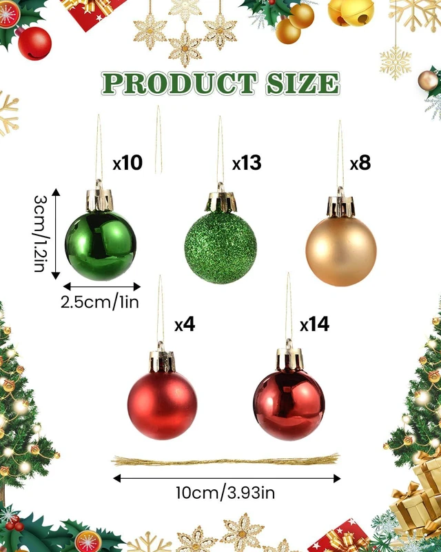 Alt view image 4 of 7 - 49 Pieces Mini Christmas Ornaments for Mini Tree - 3cm/1.18" Shatterproof Small Hanging Balls in Red, Green, Gold