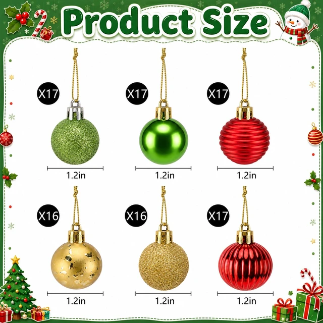 Alt view image 2 of 7 - 100 Pcs Mini Christmas Ball Ornaments - 1.2" Red Green Gold Hanging Ball | Colorful Shatterproof Xmas Hanging Ornament Ball for Tree Wreath and Party Decoration, Gold Green Glitter Hanging Ball Decor