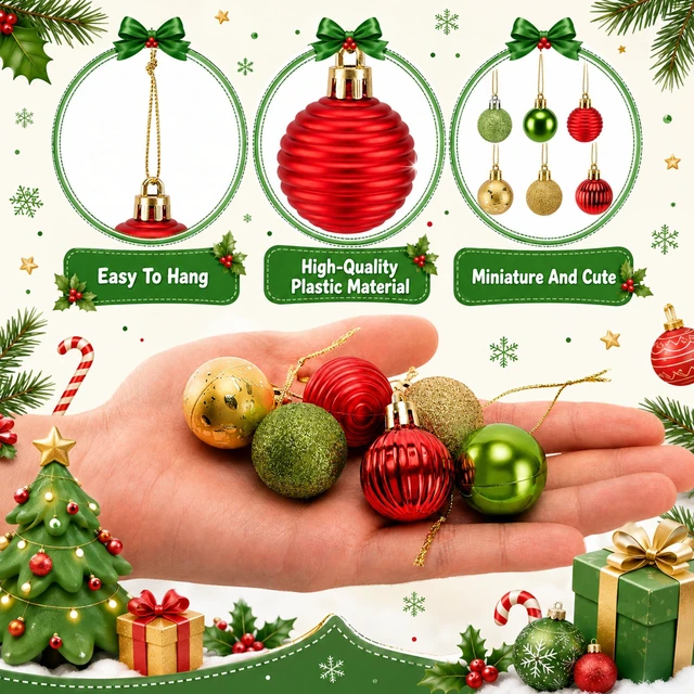 Alt view image 3 of 7 - 100 Pcs Mini Christmas Ball Ornaments - 1.2" Red Green Gold Hanging Ball | Colorful Shatterproof Xmas Hanging Ornament Ball for Tree Wreath and Party Decoration, Gold Green Glitter Hanging Ball Decor