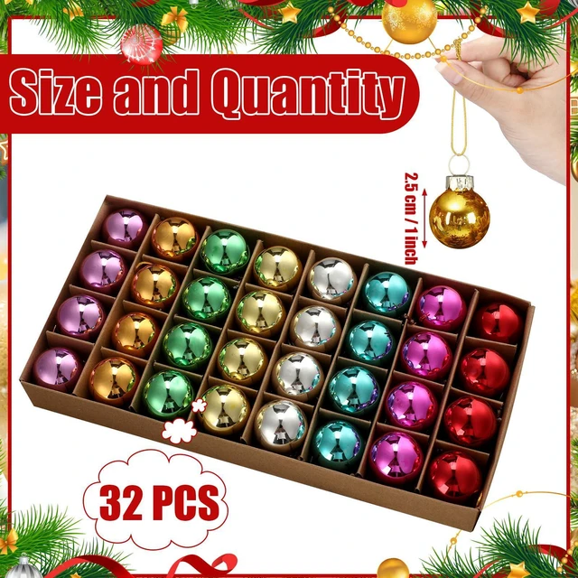 Alt view image 2 of 7 - 32 Pcs 1'' Mini Glass Christmas Ornament, Small Multi Color Balls | Shiny Christmas Ball, Tiny Christmas Tree Hanging Decoration, Small Colorful Pendant, Rope Included, Xmas Party Supplies