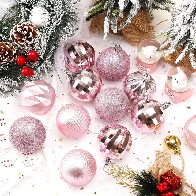 Alt view image 4 of 7 - 24PCS Pink Christmas Ball Ornaments, 60mm Shatterproof Tree Decor | Plastic, Xmas Tree Decorations, Wedding, Mothers Day Party, Assorted Style Decor, Large 2.4 in