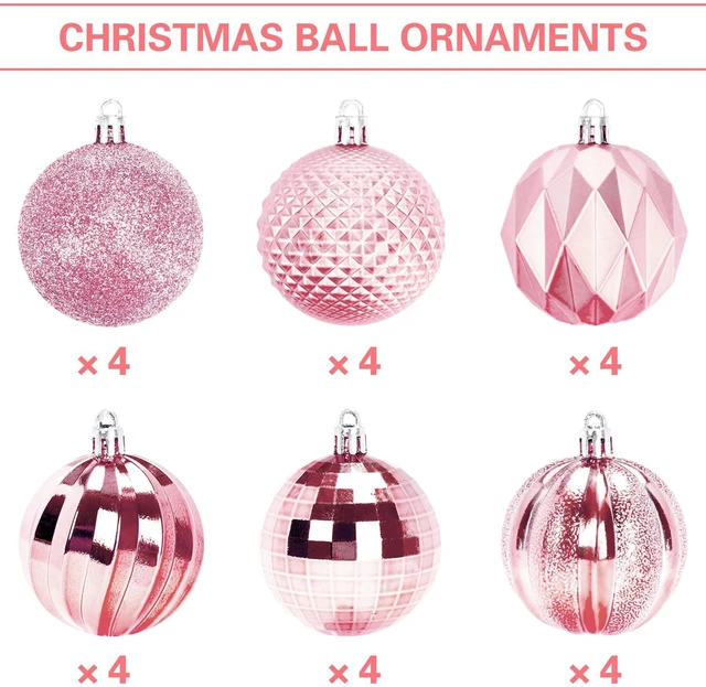 Alt view image 2 of 7 - 24PCS Pink Christmas Ball Ornaments, 60mm Shatterproof Tree Decor | Plastic, Xmas Tree Decorations, Wedding, Mothers Day Party, Assorted Style Decor, Large 2.4 in