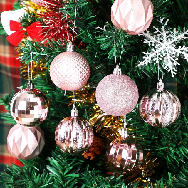 Alt view image 5 of 7 - 24PCS Pink Christmas Ball Ornaments, 60mm Shatterproof Tree Decor | Plastic, Xmas Tree Decorations, Wedding, Mothers Day Party, Assorted Style Decor, Large 2.4 in