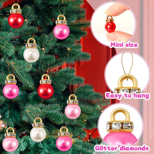 Alt view image 3 of 7 - 90Pcs Pink Mini Christmas Pearl Ball Ornaments Vintage Tree Hanging Decor | Shatterproof Fake Pearl Plastic Pendants, Mini 1Inch Vintage Festive Design, Perfect for Holiday Party DIY Crafts