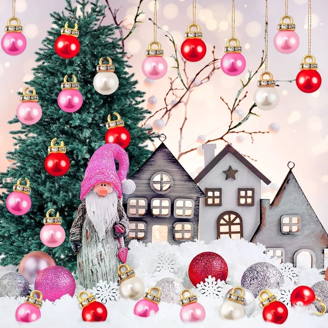 Alt view image 5 of 7 - 90Pcs Pink Mini Christmas Pearl Ball Ornaments Vintage Tree Hanging Decor | Shatterproof Fake Pearl Plastic Pendants, Mini 1Inch Vintage Festive Design, Perfect for Holiday Party DIY Crafts