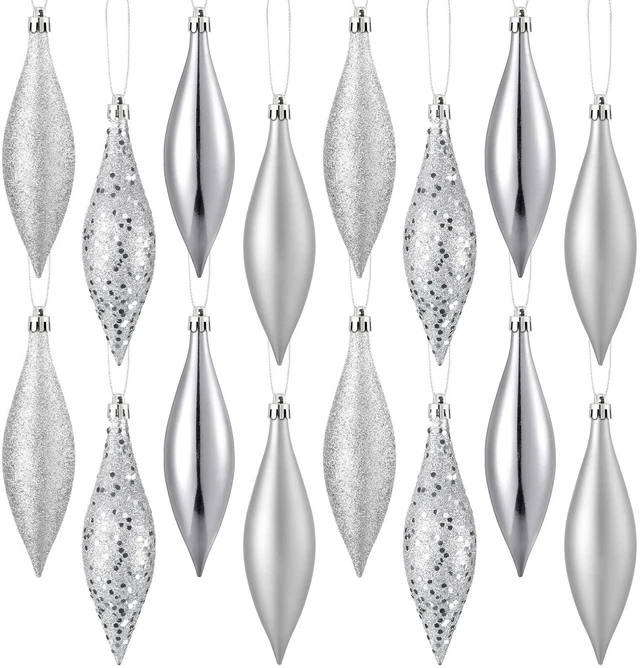 Main image of 16 Pcs Plastic Finial Drop Christmas Ornaments Decorative Hanging Ornaments Shiny, Matte, Glitter and Sequin Finishes Shatterproof for Christmas Tree Decor Wedding Party Xmas Holiday(Silver)