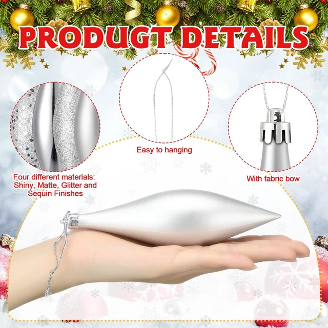Alt view image 4 of 7 - 16 Pcs Plastic Finial Drop Christmas Ornaments Decorative Hanging Ornaments Shiny, Matte, Glitter and Sequin Finishes Shatterproof for Christmas Tree Decor Wedding Party Xmas Holiday(Silver)