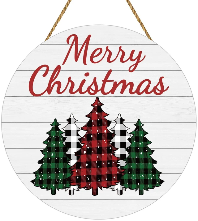 Main image of Christmas Decorations Indoor Christmas Wreath Christmas Door Decorations | Tree Merry Christmas Sign Buffalo Plaid Christmas Decor Wooden Wreaths for Front Door Hanger for Porch Wall Indoor Home Decor