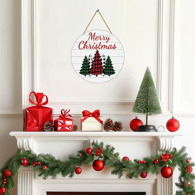 Alt view image 5 of 7 - Christmas Decorations Indoor Christmas Wreath Christmas Door Decorations | Tree Merry Christmas Sign Buffalo Plaid Christmas Decor Wooden Wreaths for Front Door Hanger for Porch Wall Indoor Home Decor